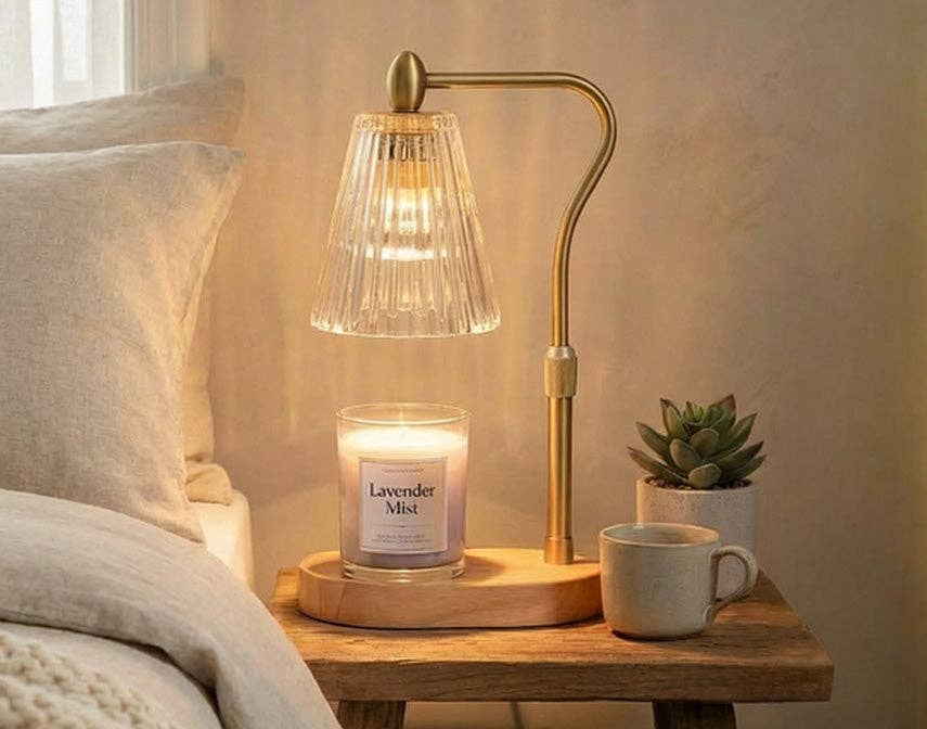 Candyl brass candle warmer lamp with fluted glass shade warming Lavender Mist candle