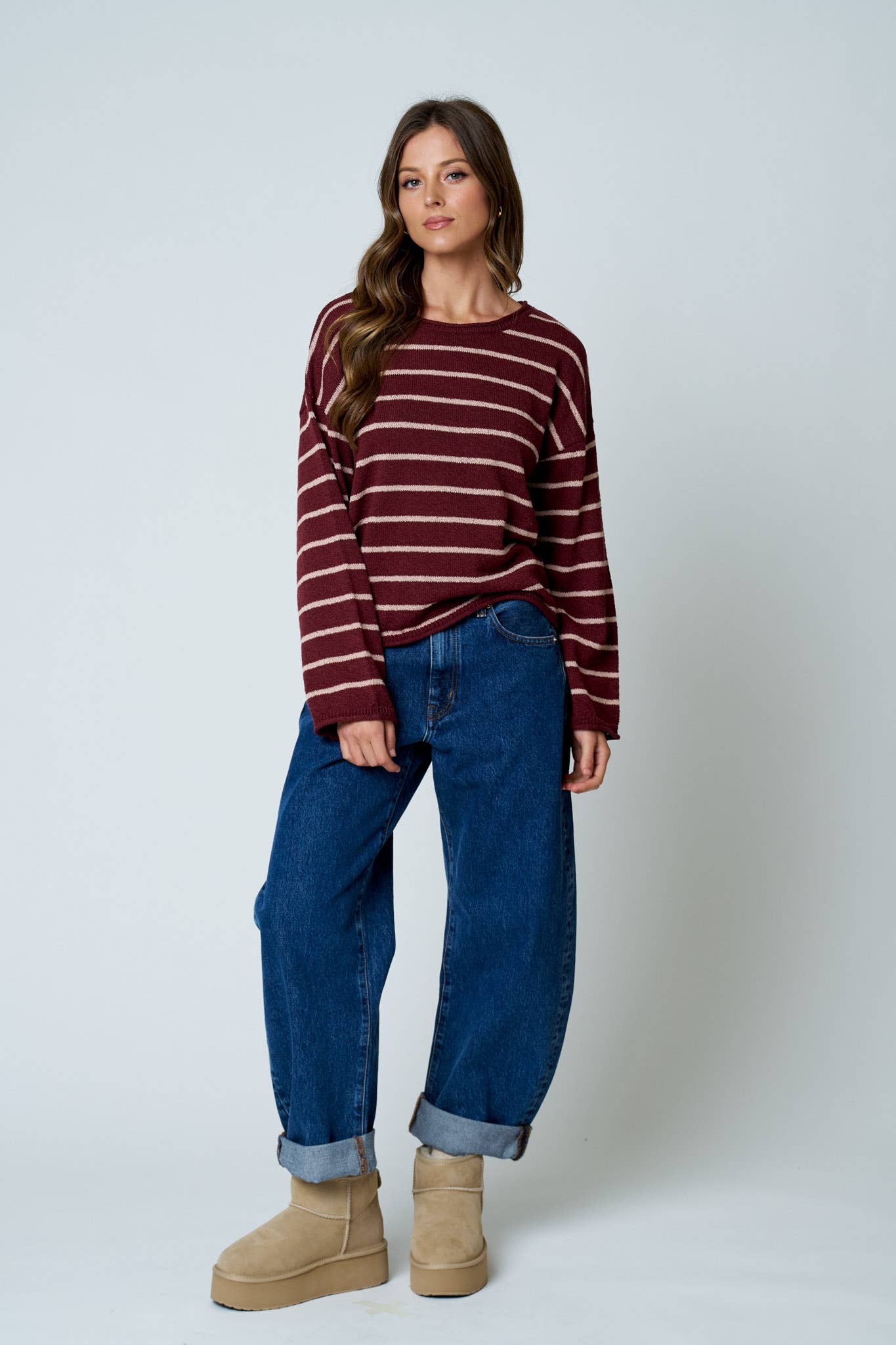 STRIPE TEXTURED RAW EDGE LONG SLEEVE KNIT SWEATER