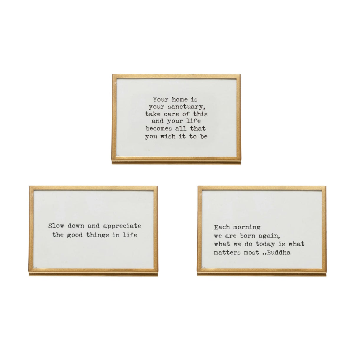 Set of 3 gold-framed white signs with inspirational quotes on easel backs