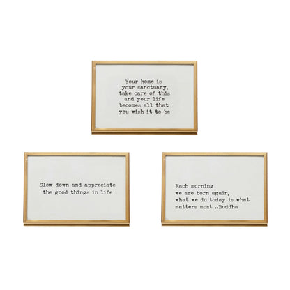 Set of 3 gold-framed white signs with inspirational quotes on easel backs