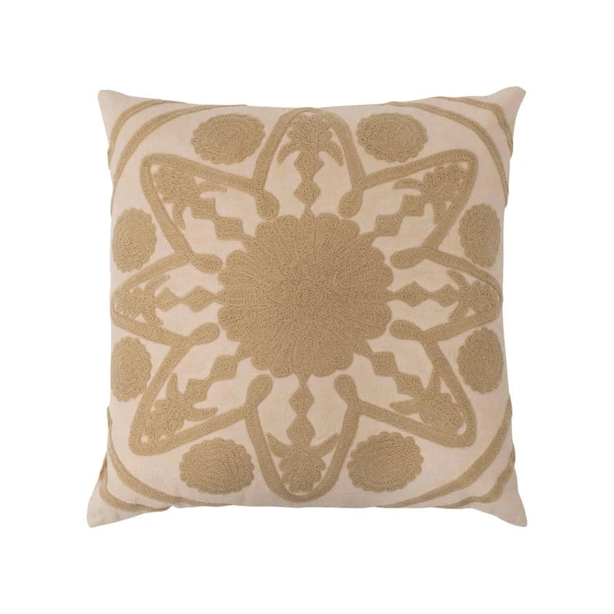 20" Cotton Pillow w/ Embroidery & Beige