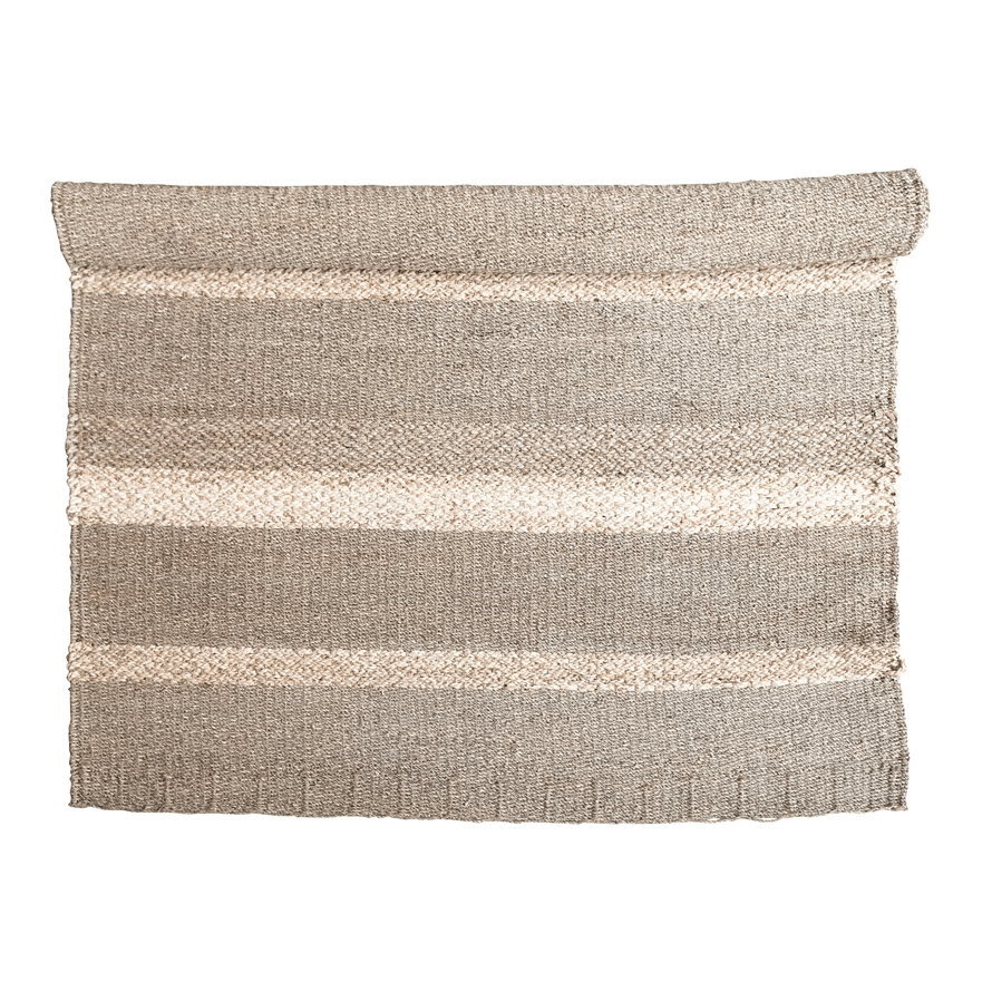 Hand Woven Seagrass and Corn Husk Rug With Stripes