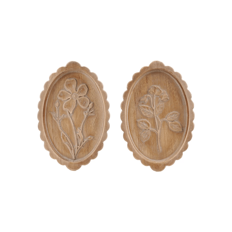 ood Scalloped Wall Décor w/ Laser Etched Botanicals, Natural, 2 Styles