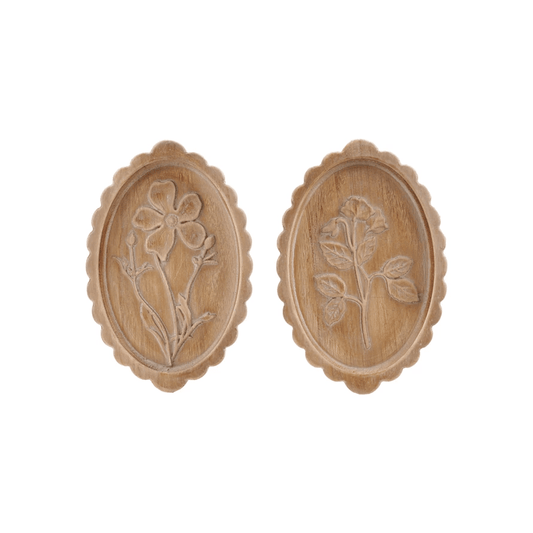 ood Scalloped Wall Décor w/ Laser Etched Botanicals, Natural, 2 Styles