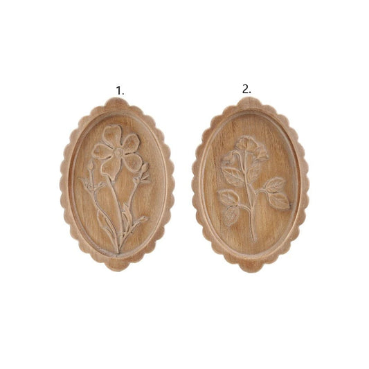 Wood Scalloped Wall Décor w/ Laser Etched Botanicals, Natural, 2 Styles