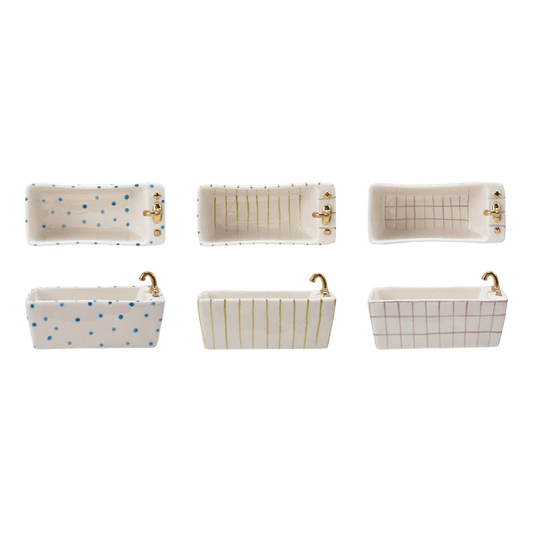 Hand-Painted Stoneware Bathtub Shaped Dish w/ Pattern & Gold Electroplating, 3 Styles