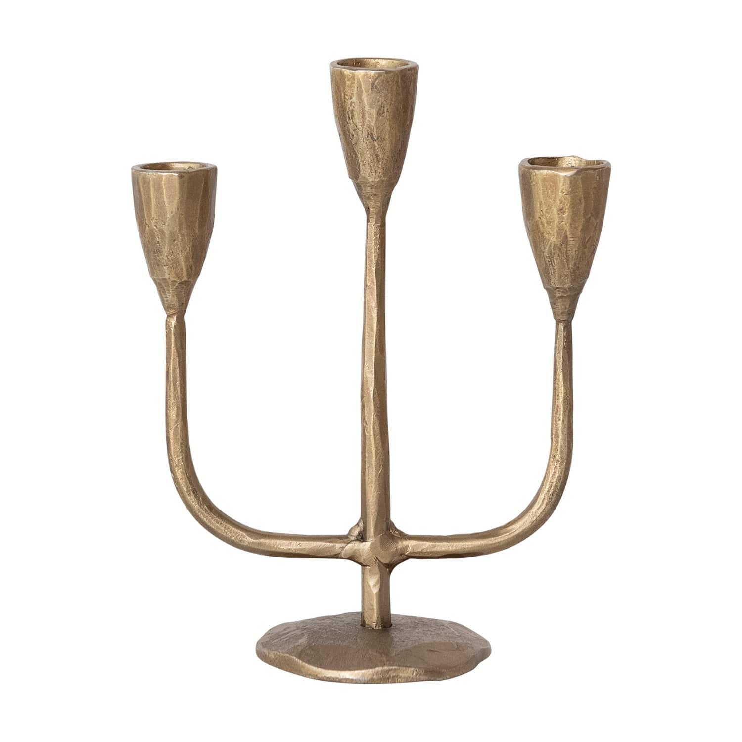 Hand-Forged Iron Candelabra, Antique Brass Finish (Holds (3) 1/2" Tapers)