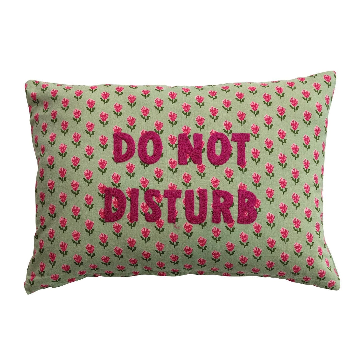Cotton Voile Lumbar Pillow with Floral Pattern & Embroidery "Do Not Disturb"