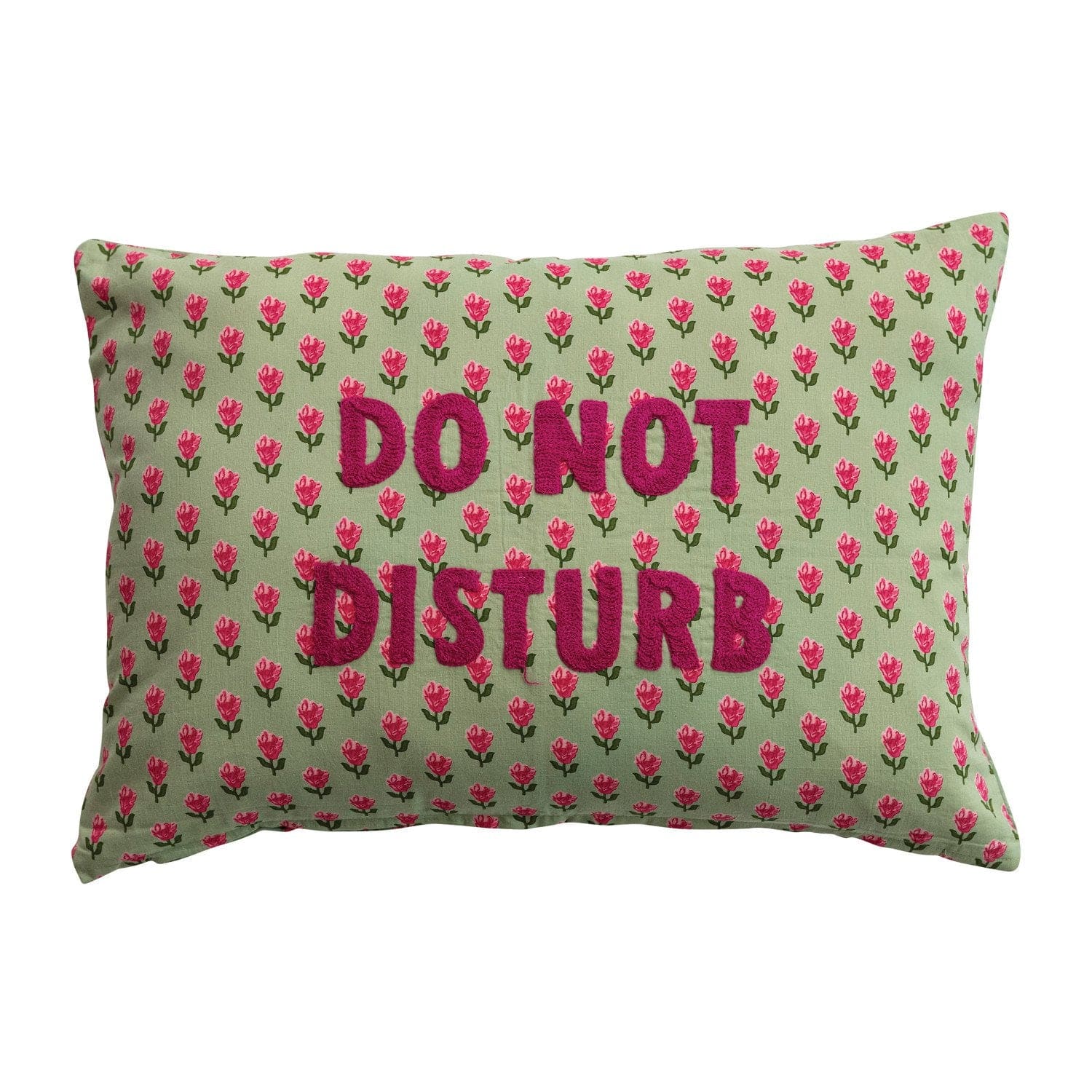 Cotton Voile Lumbar Pillow with Floral Pattern & Embroidery "Do Not Disturb"