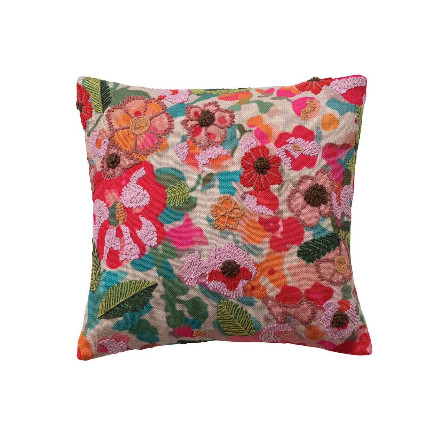Square Fabric Pillow with Flowers, Embroidery & Cotton Back