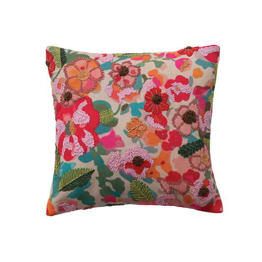 Square Fabric Pillow with Flowers, Embroidery & Cotton Back