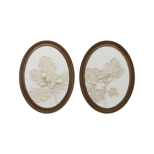 Pair of oval brown wood frames with white plaster cast oak leaves and acorns wall decor