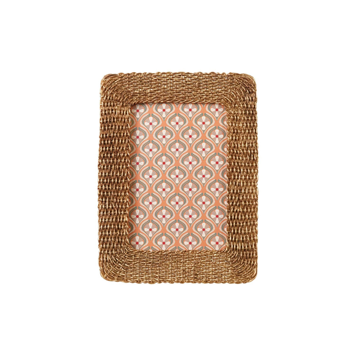 Gold woven-texture resin photo frame holding a patterned 4x6 insert, front view