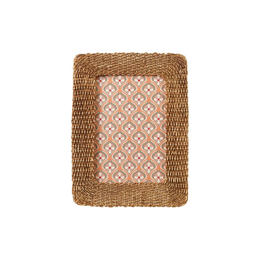 Gold woven-texture resin photo frame holding a patterned 4x6 insert, front view