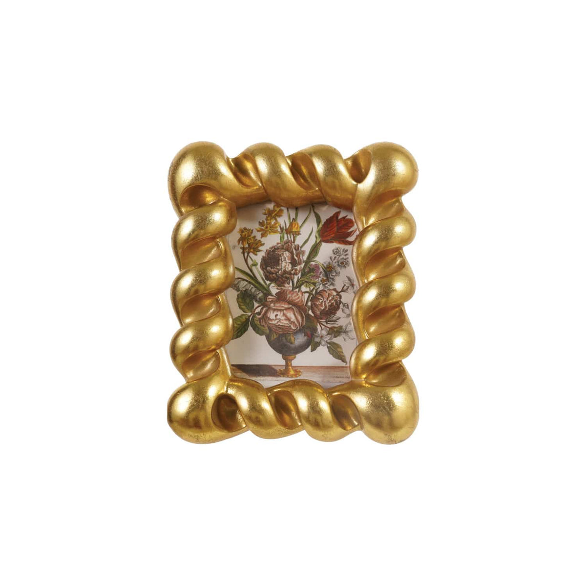 Gold twisted rope resin photo frame holding a floral botanical print, 4x6 size