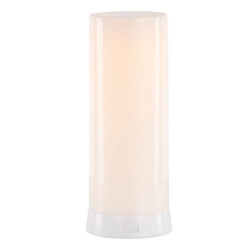 White cylindrical rechargeable LED flame candle with glowing warm light effect