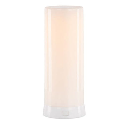 White cylindrical rechargeable LED flame candle with glowing warm light effect