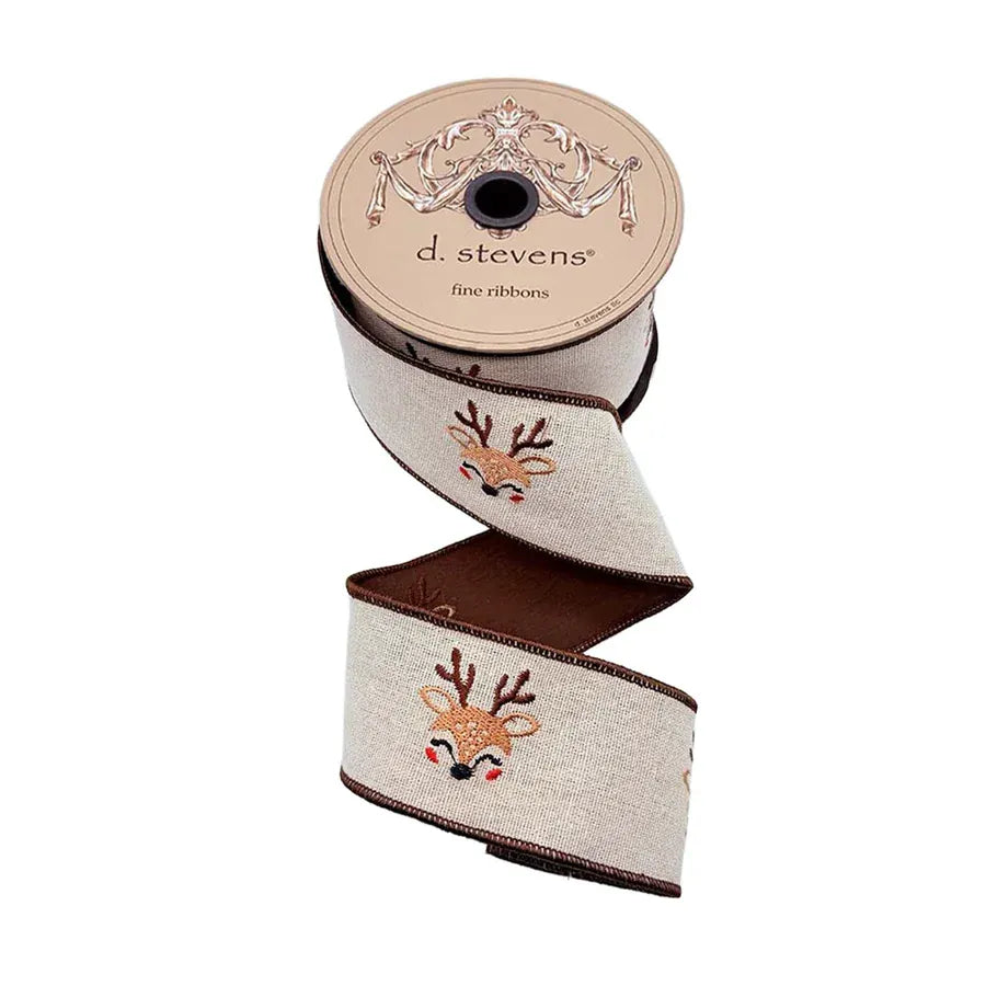 Natural linen wired ribbon with embroidered reindeer faces and brown backing on spool