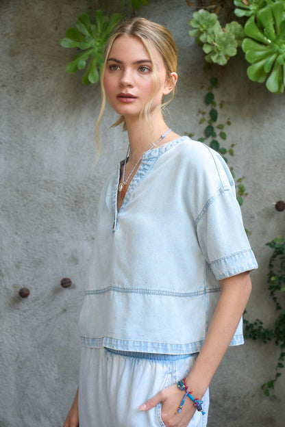 Washed Denim Split Neck Top