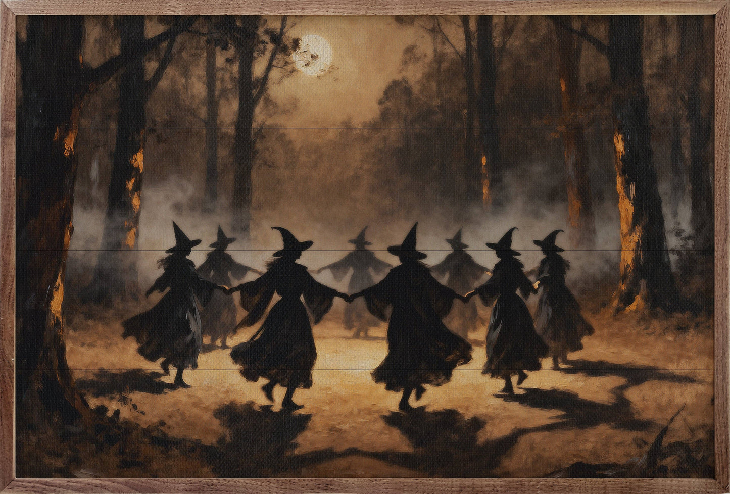 Framed canvas art of witch silhouettes dancing in moonlit misty forest