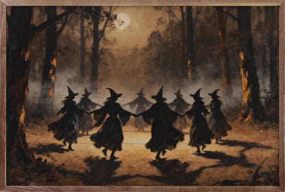 Framed canvas art of witch silhouettes dancing in moonlit misty forest