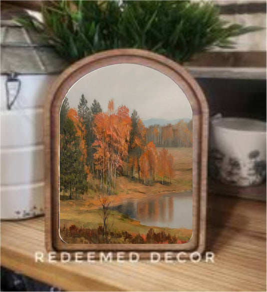Arch-top wood framed canvas art print of autumn pond with orange trees