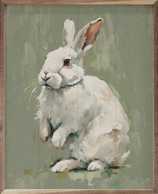 White Bunny On Green Wooden Art Print