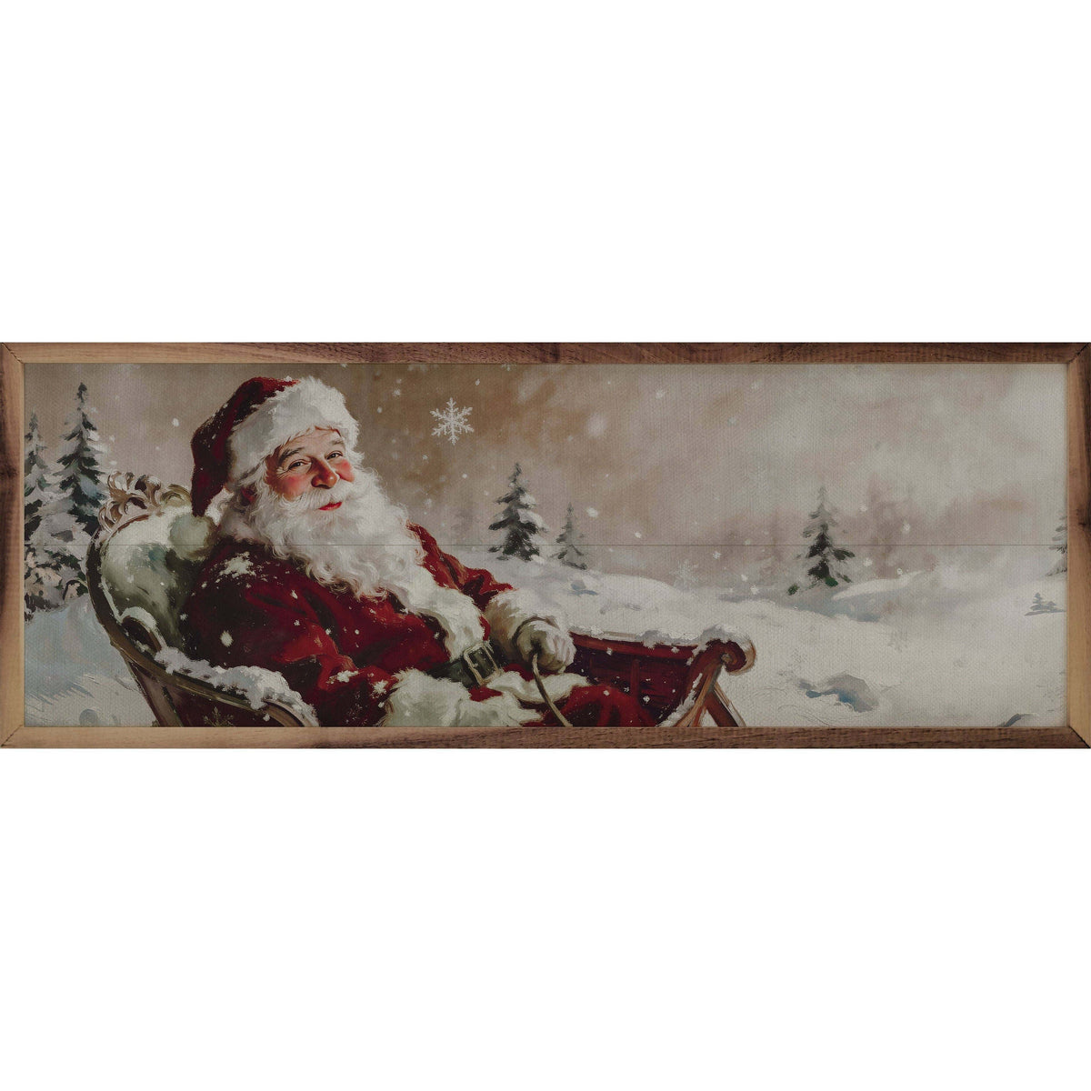 Framed vintage-style Santa Claus in sleigh painting with snowy winter forest background