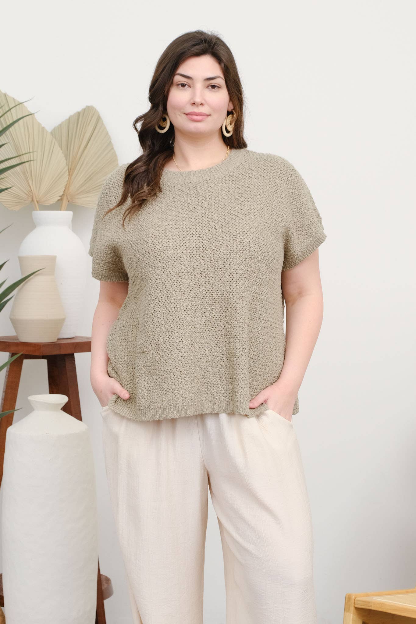 PLUS TEXTURED KNIT CREW NECK SHORT SLEEVE PULLOVER