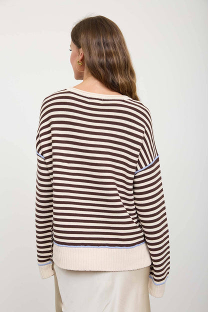 STRIPE CONTRAST STITCH RAW EDGE KNIT SWEATER