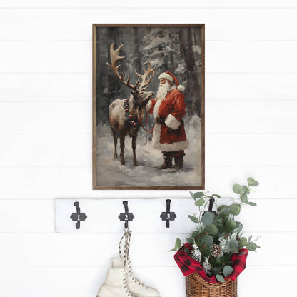 Santa And Reindeer Color Art Print
