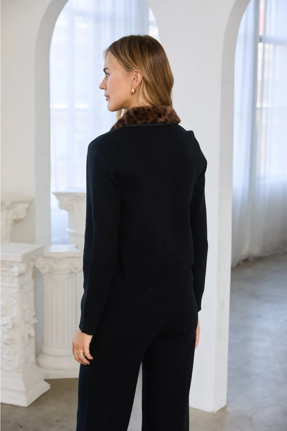 Black knit cardigan with brown leopard faux fur collar, back view