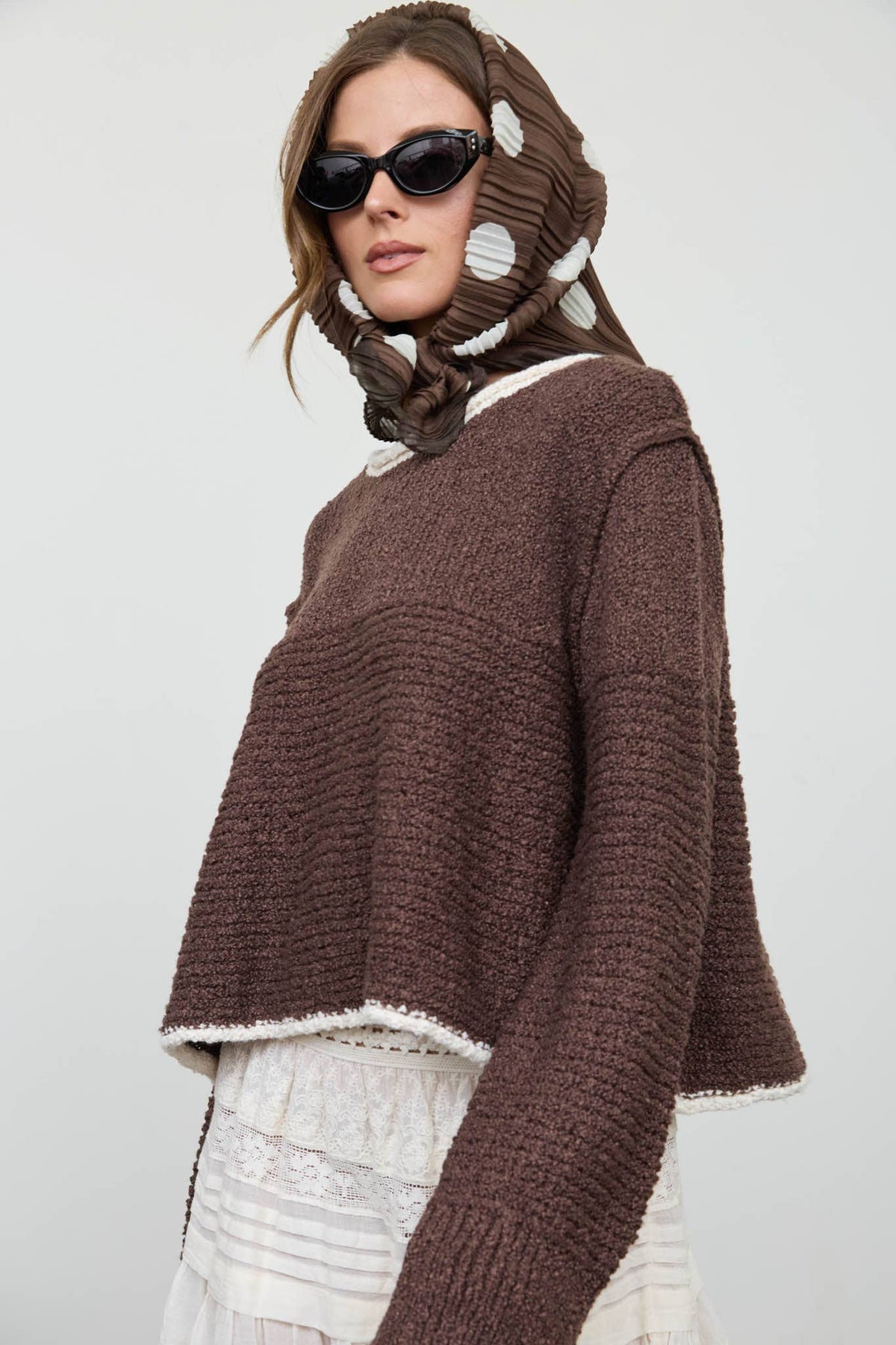 Contrast Trim and Knit Pattern Long Sleeve Sweater