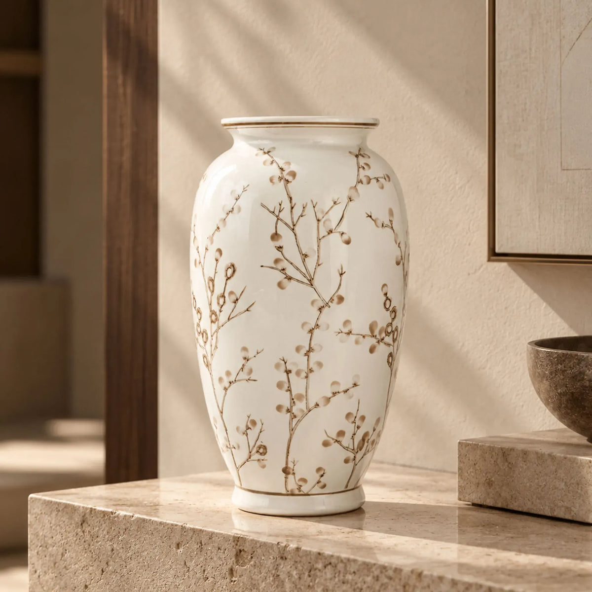 White ceramic vase with brown botanical branch pattern on stone surface