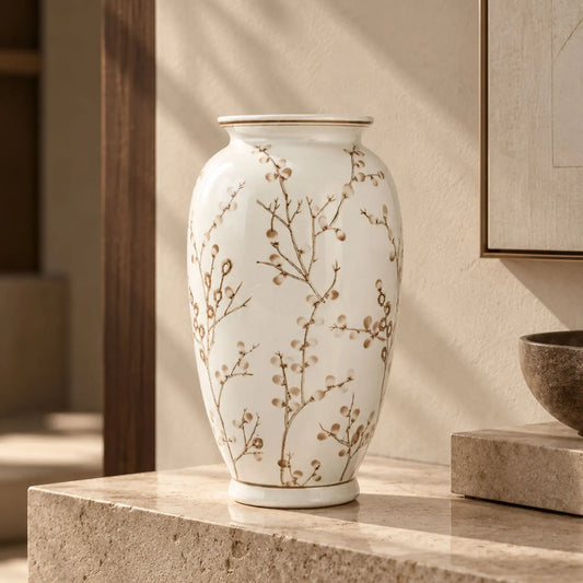 White ceramic vase with brown botanical branch pattern on stone surface
