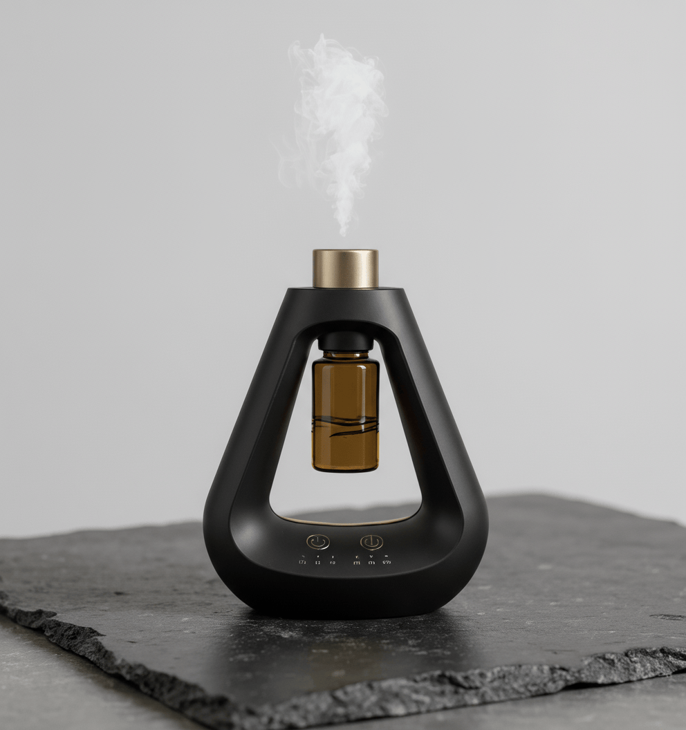 Candyl Delta black waterless essential oil diffuser with amber bottle and gold top, emitting mist