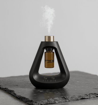 Candyl Delta black waterless essential oil diffuser with amber bottle and gold top, emitting mist