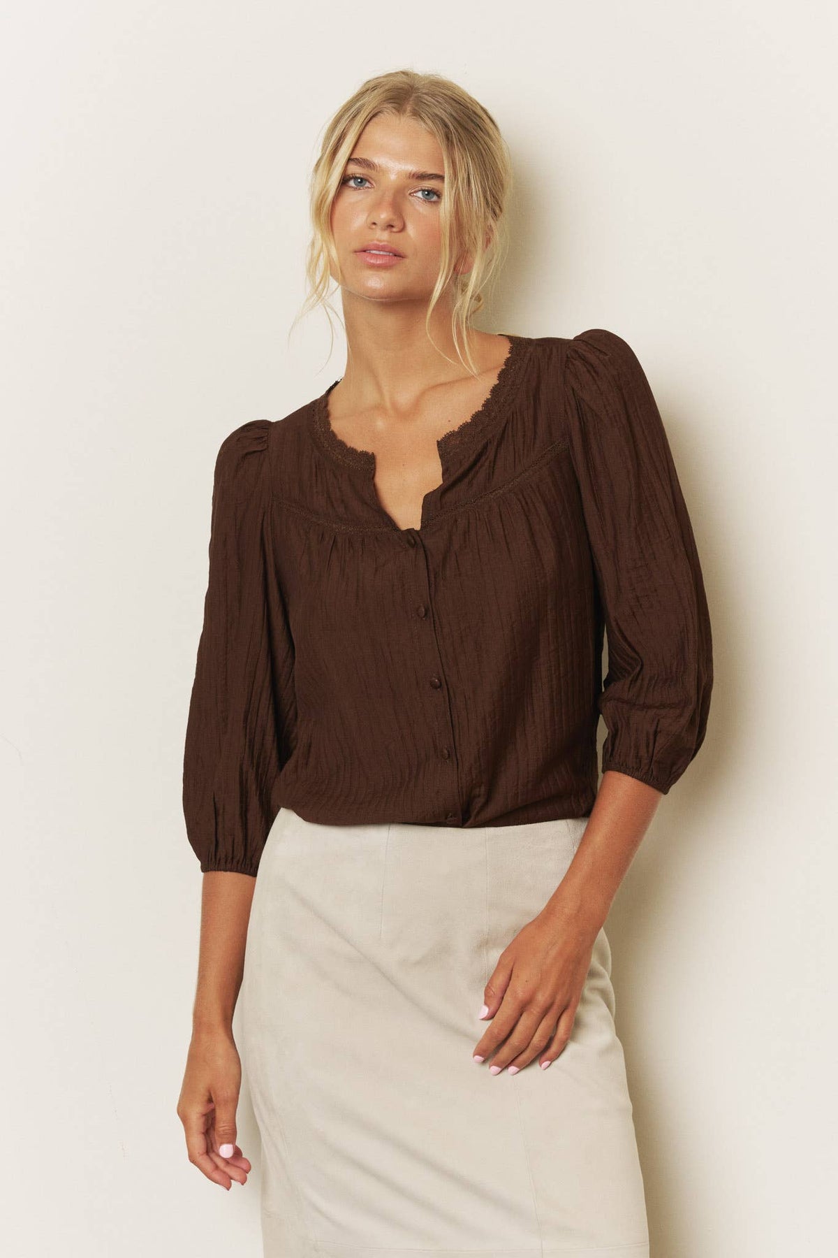 LACE YOKE BUTTON DOWN 3/4 SLEEVE TOP