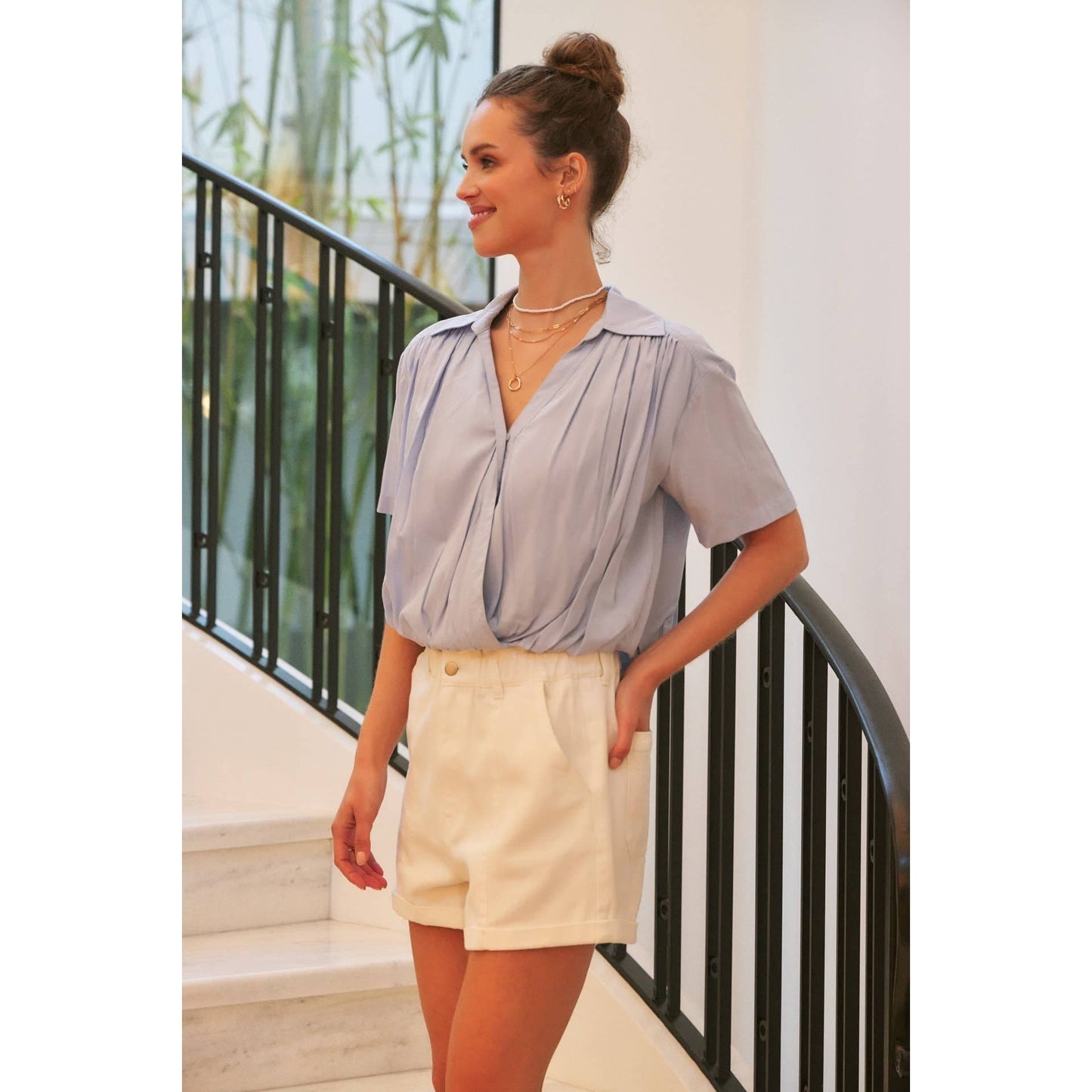 LIGHTWEIGHT SUPLICE BLOUSE WITH BUBBLE HEM &CONTRAST STITCH