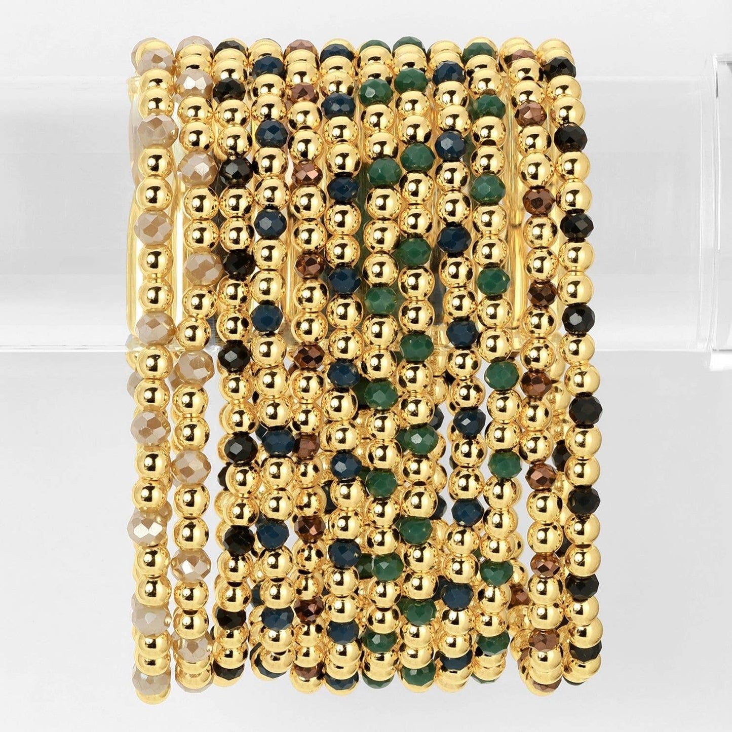 Set/12 4mm Bead & Crystal Stretch Bracelets