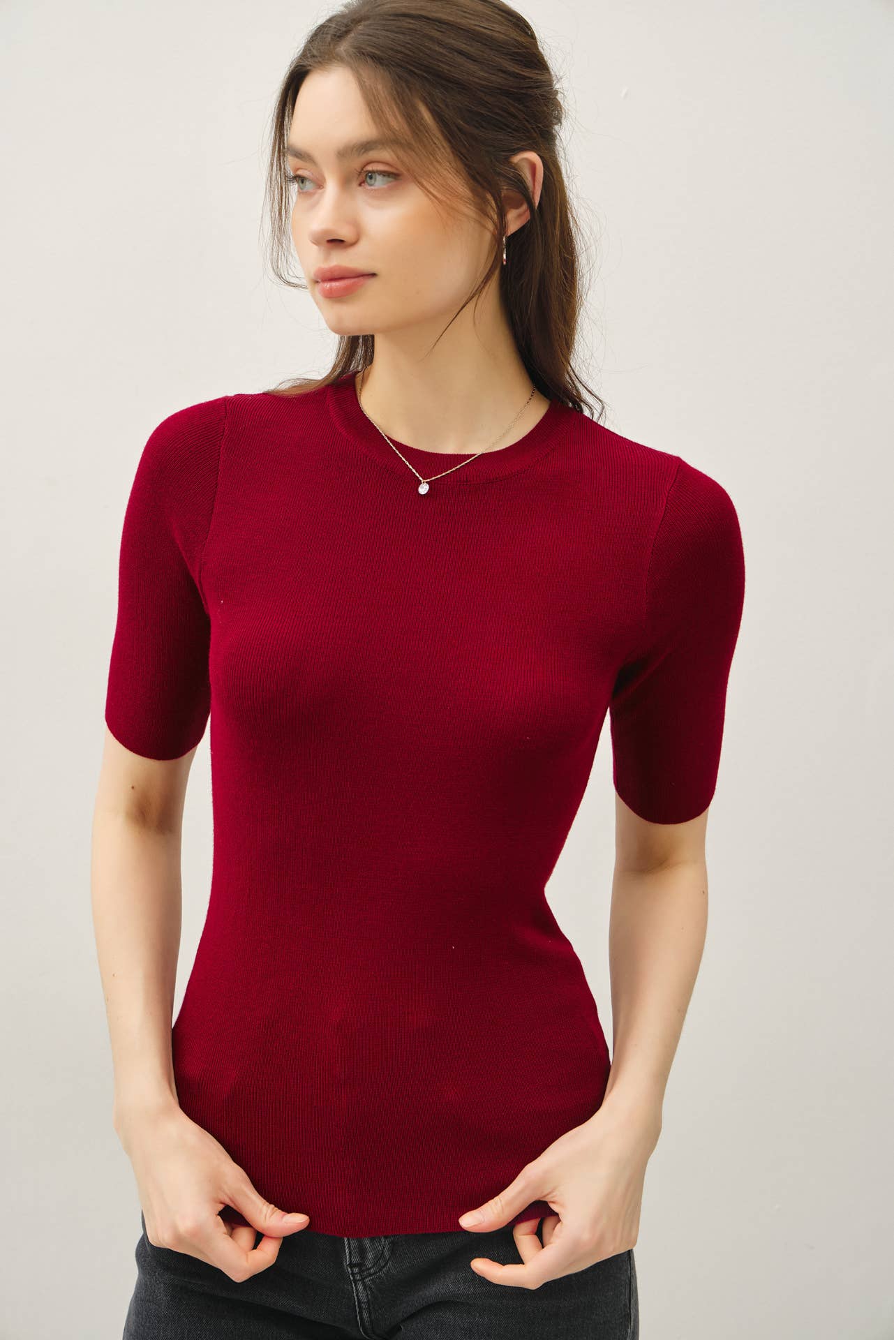 CLASSIC SOLID HALF SLEEVE RIB KNIT TOP