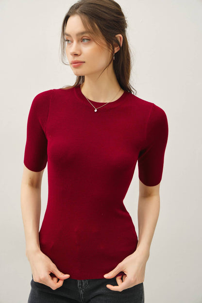 CLASSIC SOLID HALF SLEEVE RIB KNIT TOP