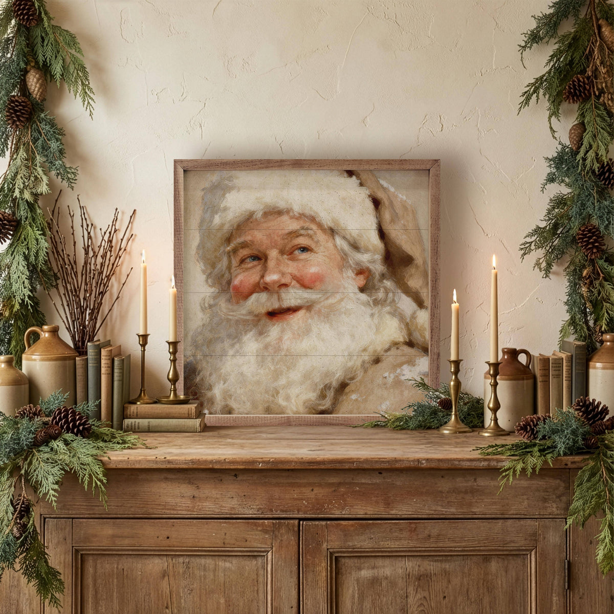 Vintage-style Santa Claus portrait wall art in rustic wood frame on holiday mantel