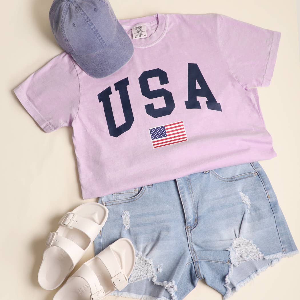 **Pre-Order**  USA American Flag Varsity Garment-Dyed Heavy Cotton T-Shirt