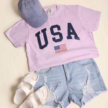 **Pre-Order**  USA American Flag Varsity Garment-Dyed Heavy Cotton T-Shirt