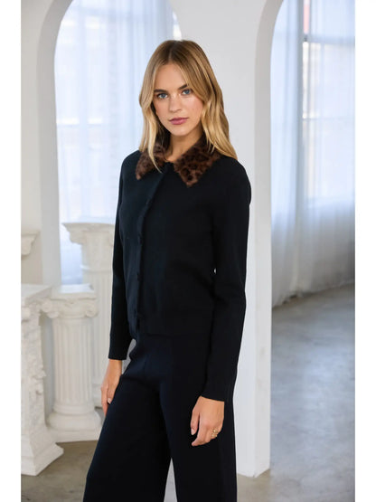 Black knit cardigan with brown leopard faux fur collar and button front