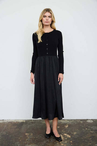 Knit Cardigan Satin Skirt Twofer Midi Dress