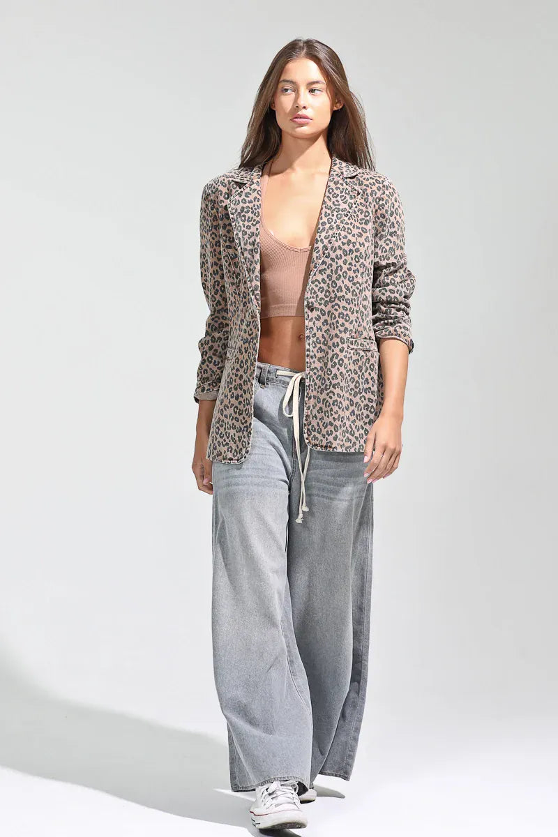 Leopard Printed Single Button Blazer
