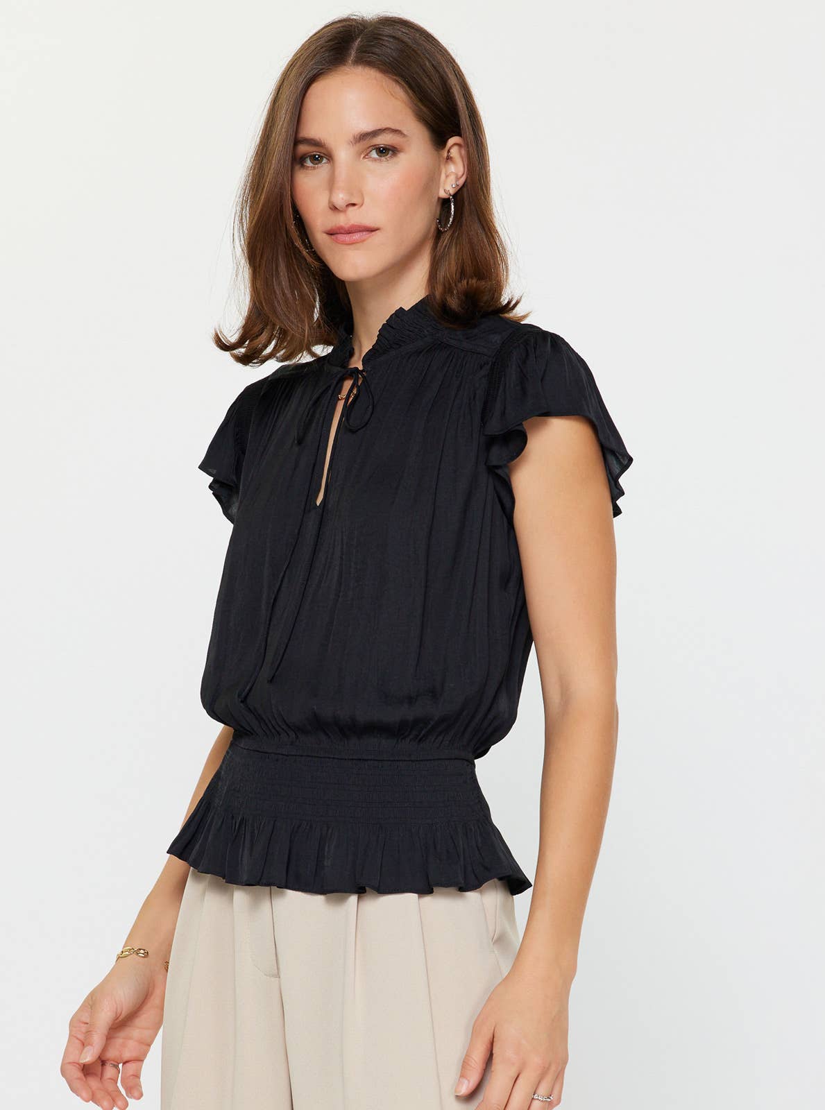 Smocking Waist Flutter Sleeve Blouse