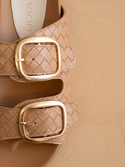 The Desiree | Almond Woven Slide with Oversized Gold Buckles